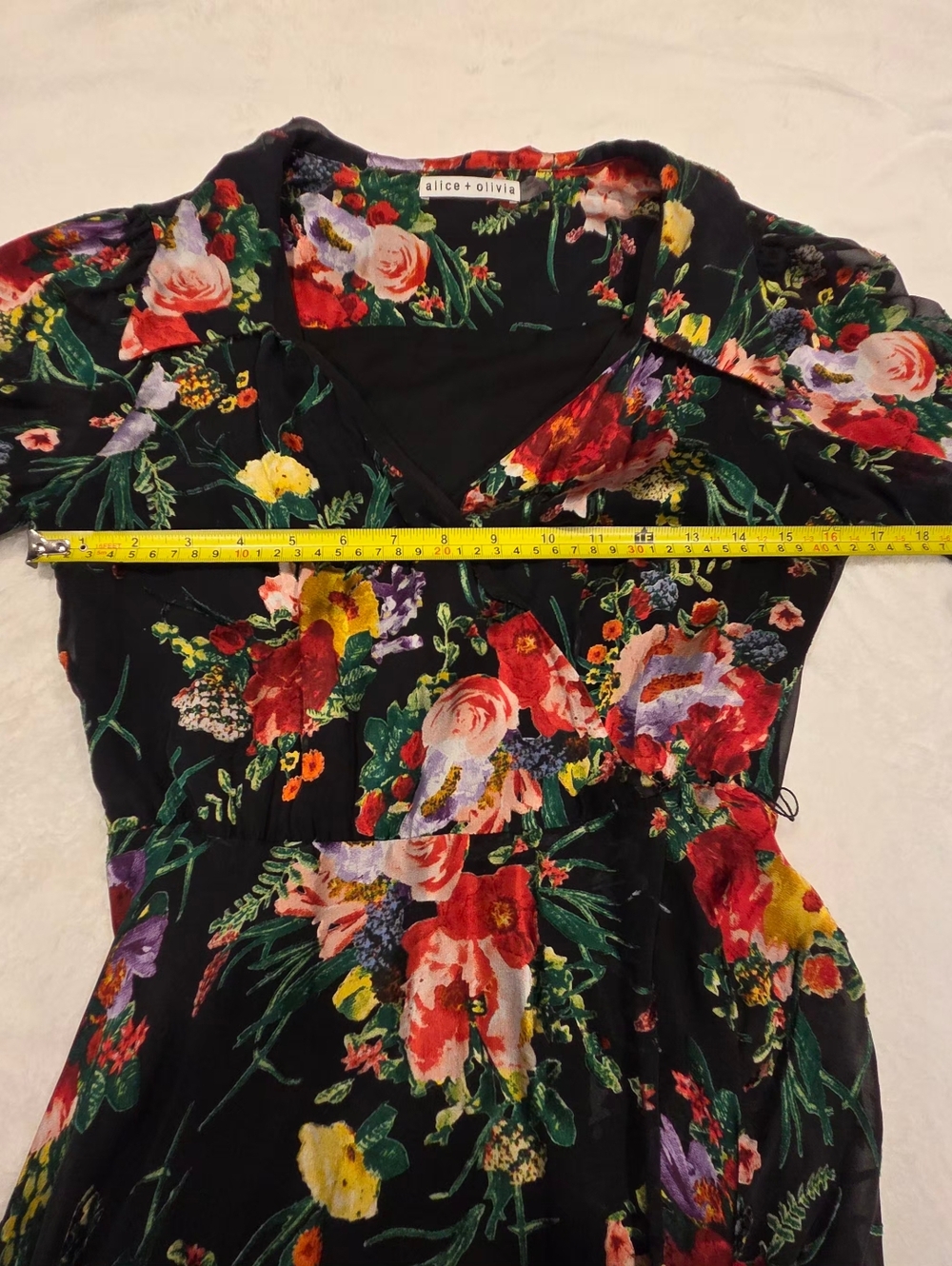 Alice + Olivia Black Floral Wrap Midi Dress with Red & Green Accents, Size 4. - Picture 14 of 16